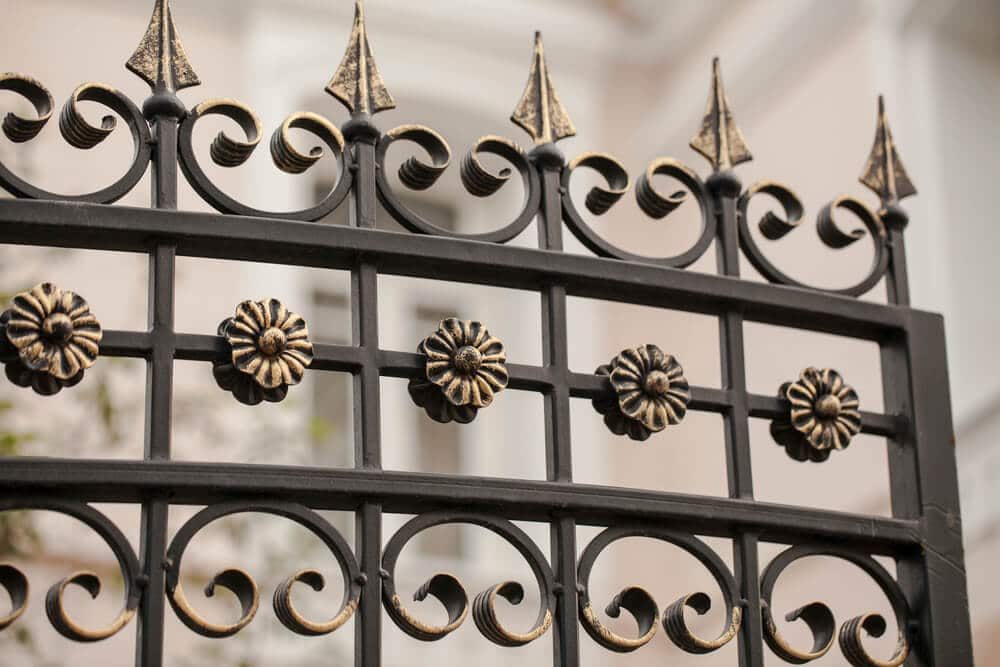 Close-up of a black wrought iron gate with scrolls, spear tips, and gold-toned flower ornaments